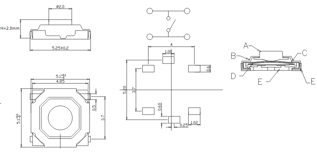 扁平四腳貼片5.2x5.2x2.3銅頭輕觸開關(guān)