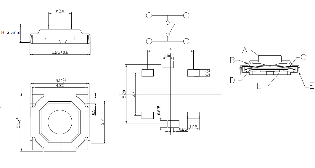 輕觸開關(guān)5.2x5.2x2.5四腳扁平貼片防水開關(guān)