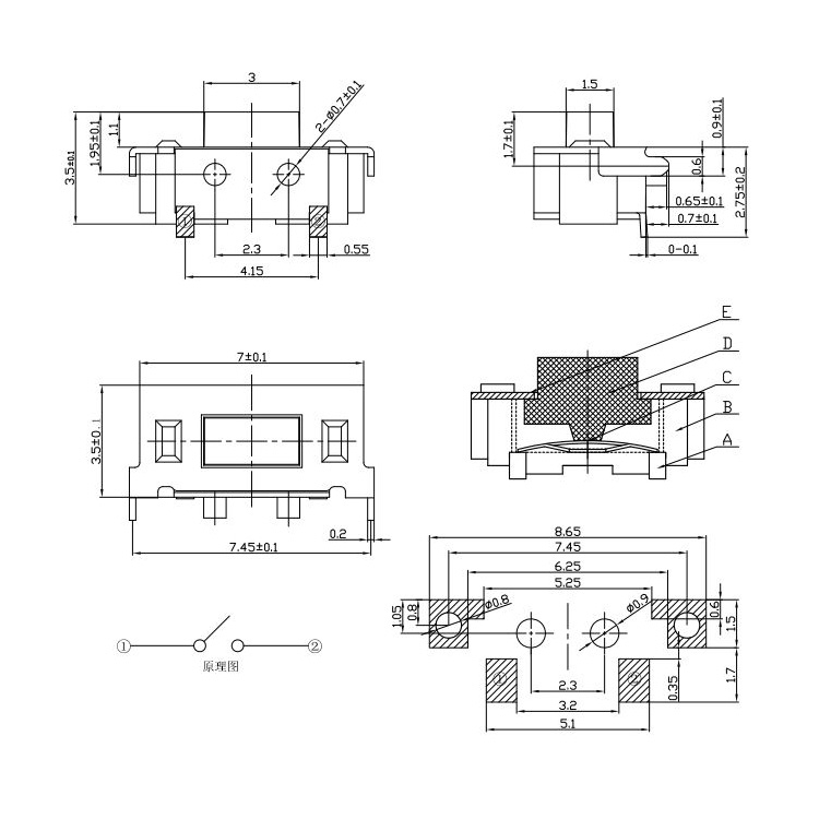 3x6x3.5大側(cè)輕觸開(kāi)關(guān)，臥式貼片輕觸開(kāi)關(guān)0.7mm柱