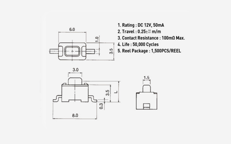 STP-1250s貼片開關(guān)，進(jìn)口全白輕觸開關(guān)，3x6x5兩腳貼片開關(guān)