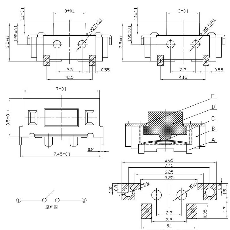 SD-1288帶支架輕觸開關，3x6x3.5尺寸大小，進口臥式貼片輕觸開關